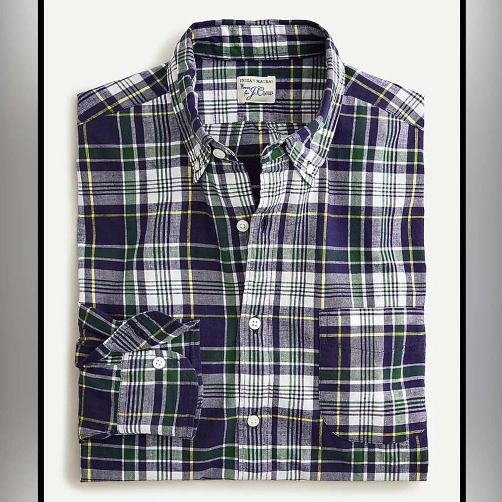 J. Crew Indian Madras Men's Plaid Button-Down Shirt 100% Cotton Slim Fit Medium‎